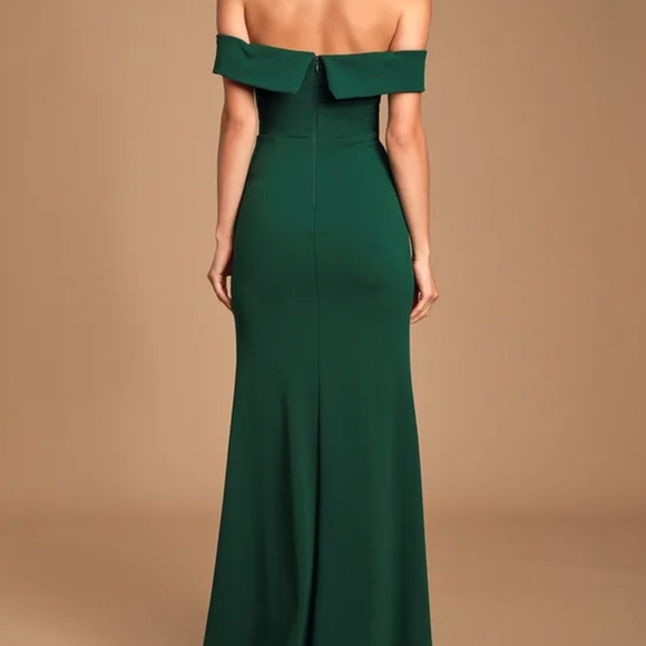 Dark green high slit mermaid dress with off the shoulder sleeves - Picture 4 of 4